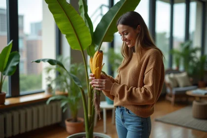 Femme souriante examine une fleur de bananier dans un salon moderne