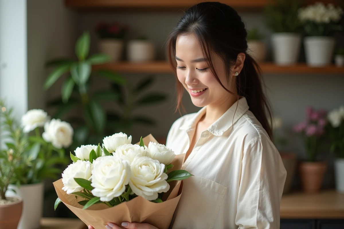 Femme tenant un bouquet de fleurs blanches dans une boutique florale, symbolisant l'élégance et la signification des fleurs blanches offertes
