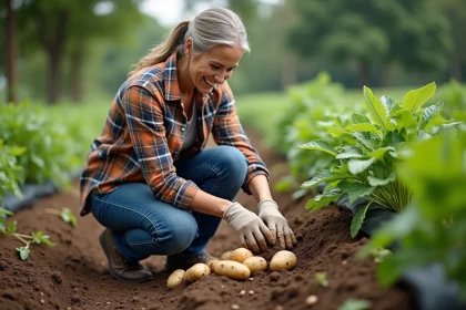 Femme récoltant des pommes de terre bio dans le jardin