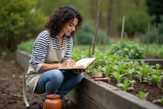 Femme débutante en jardinage consultant un calendrier lunaire manuscrit devant un potager avec des jeunes plants au printemps