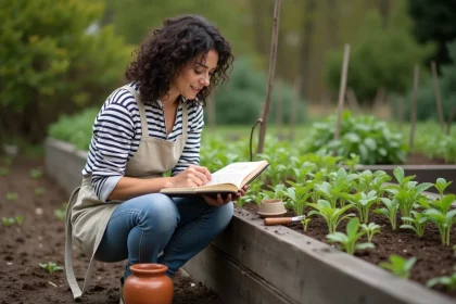 Femme débutante en jardinage consultant un calendrier lunaire manuscrit devant un potager avec des jeunes plants au printemps
