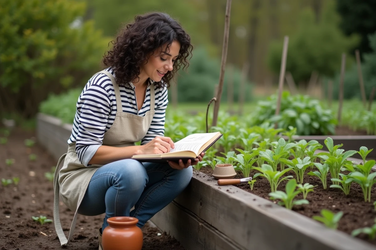 Femme débutante en jardinage consultant un calendrier lunaire manuscrit devant un potager avec des jeunes plants au printemps