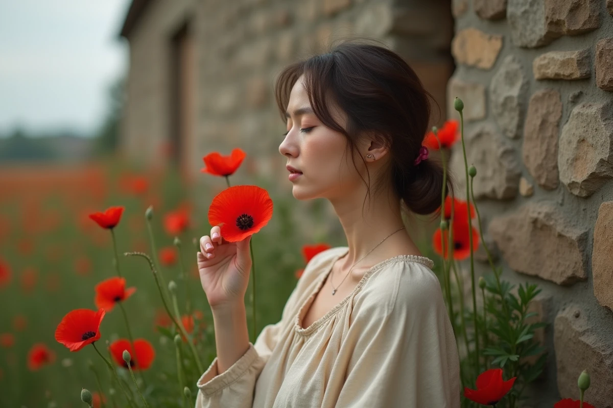 Femme tenant un coquelicot rouge dans un champ rural, portrait évocateur et contemplatif en pleine nature