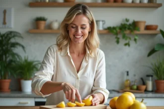 Femme souriante coupant un fruit ceriman dans la cuisine