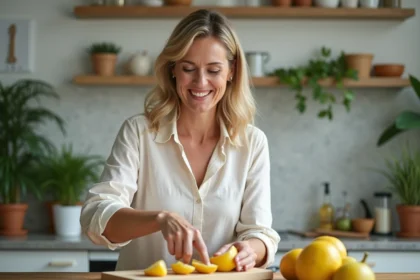 Femme souriante coupant un fruit ceriman dans la cuisine
