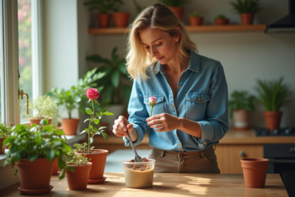 Femme dans la cuisine plongeant une rose dans une solution à la cannelle