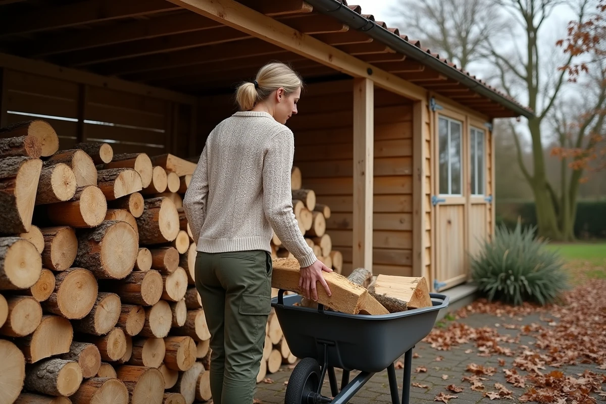 Femme empilant des bûches de bois de hêtre sous un abri de stockage en bois dans un jardin en automne