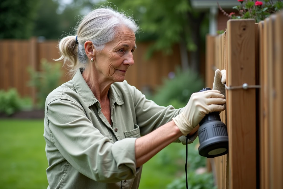 Femme posant un piège à frelon réutilisable sur un poteau de clôture en bois dans un jardin résidentiel avec pelouse et potager en arrière-plan