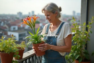 Femme examinant un lilas en pot sur un balcon urbain