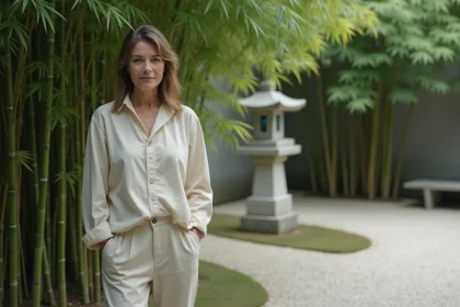 Femme en pantalon en lin et chemise coton dans un jardin japonais