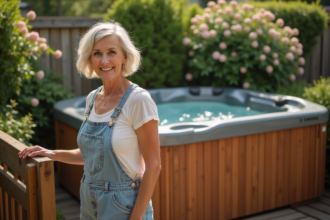 Femme d'âge moyen ferme la clôture du spa extérieur