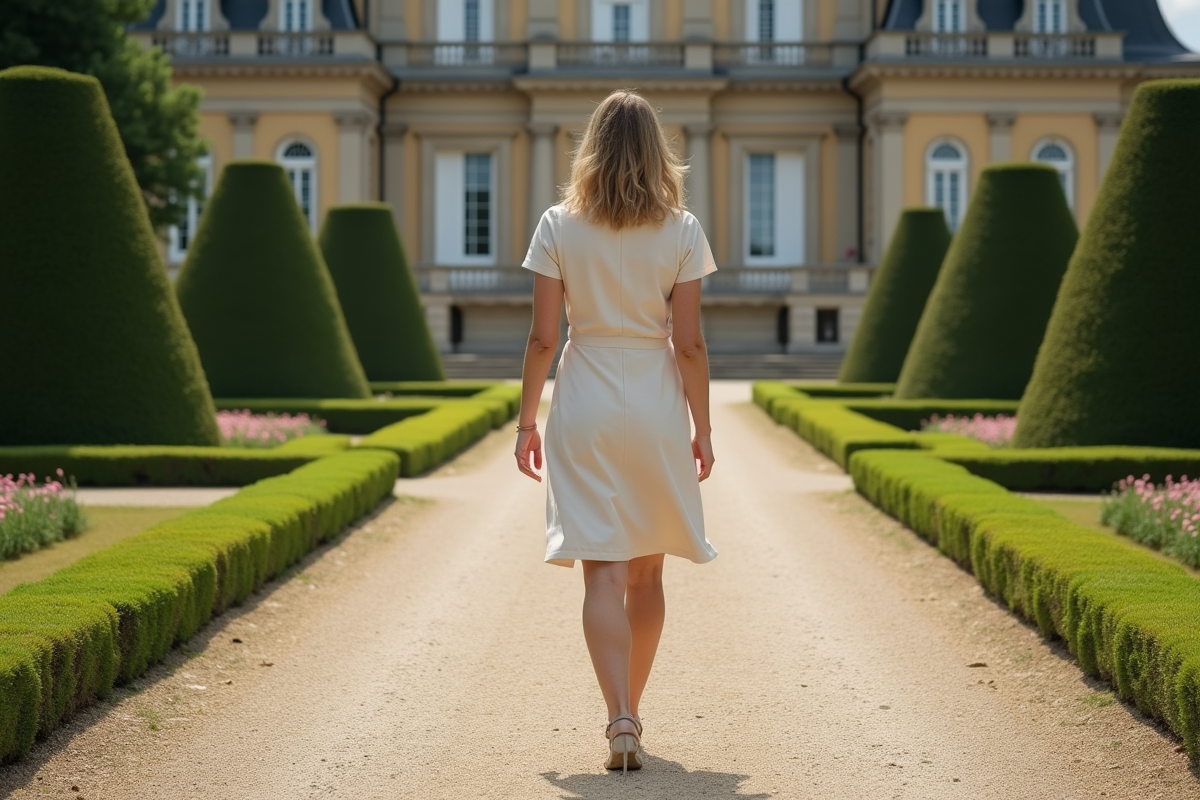 Femme en robe en lin dans un jardin à la française