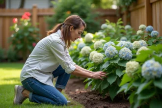 Femme au jardin près d'une hydrangea en fleurs