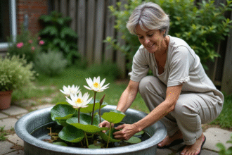 Femme plantant des nénuphars dans un jardin paisible