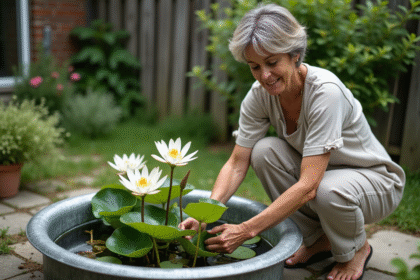 Femme plantant des nénuphars dans un jardin paisible