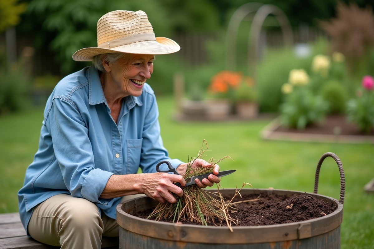 Femme âgée coupant des tiges dans son compost