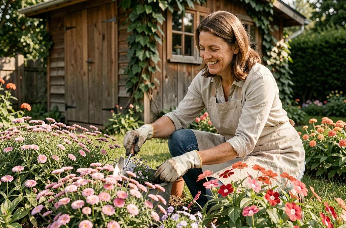 Femme jardinière soignant un parterre de fleurettes variées dans un jardin naturel et champêtre