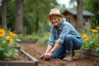 Femme en jardinage plantant des bulbes dans un jardin
