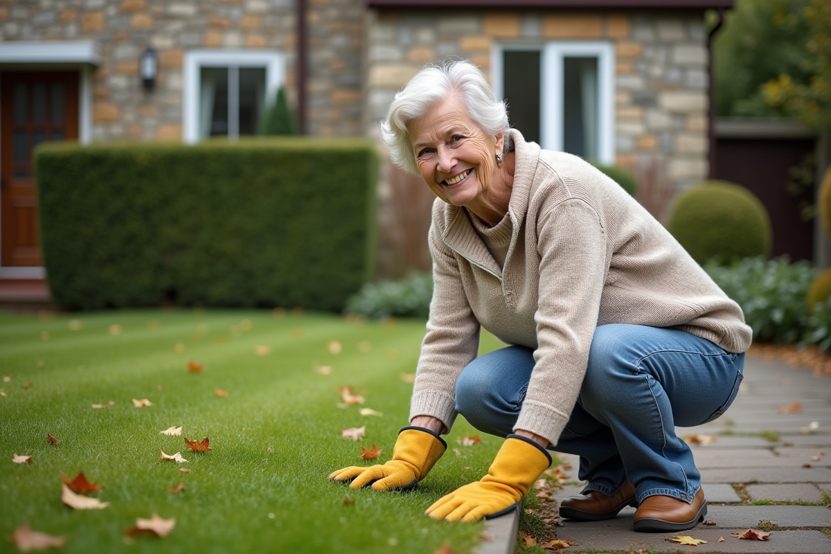 Femme âgée en pull et gants jardinant dans pelouse