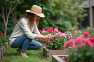 Femme en jardinage avec lisianthus en extérieur