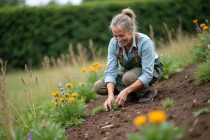 Femme plantant des fleurs sauvages sur une pente de jardin