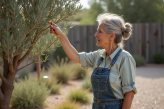 Femme en jardinage touchant un olivier mature dans un jardin