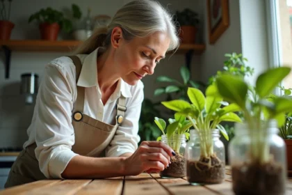 Femme inspectant des racines dans des pots en cuisine