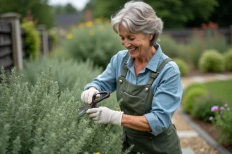 Femme en jardinage taillant un buisson de sauge dans un jardin