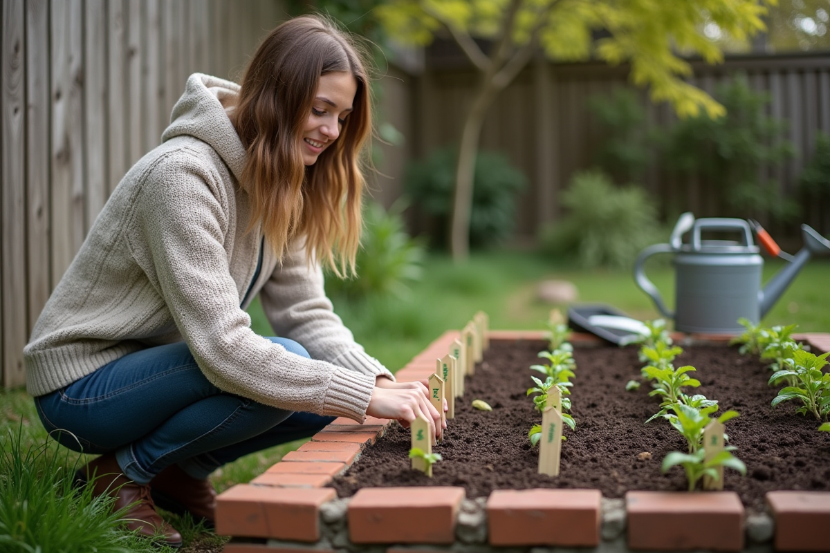 Jeune femme en pull arrangeant des graines dans un jardin