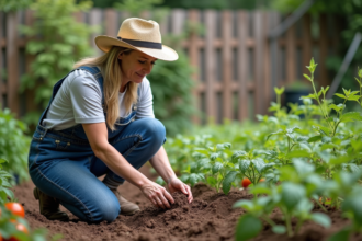 Femme en jardinage avec salopette et chapeau de paille
