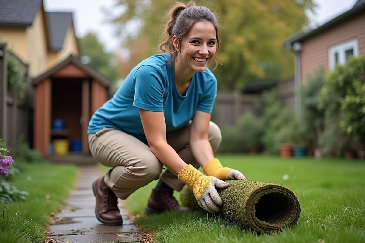 Femme souriante en jardinage avec herbe coupée dans un jardin urbain