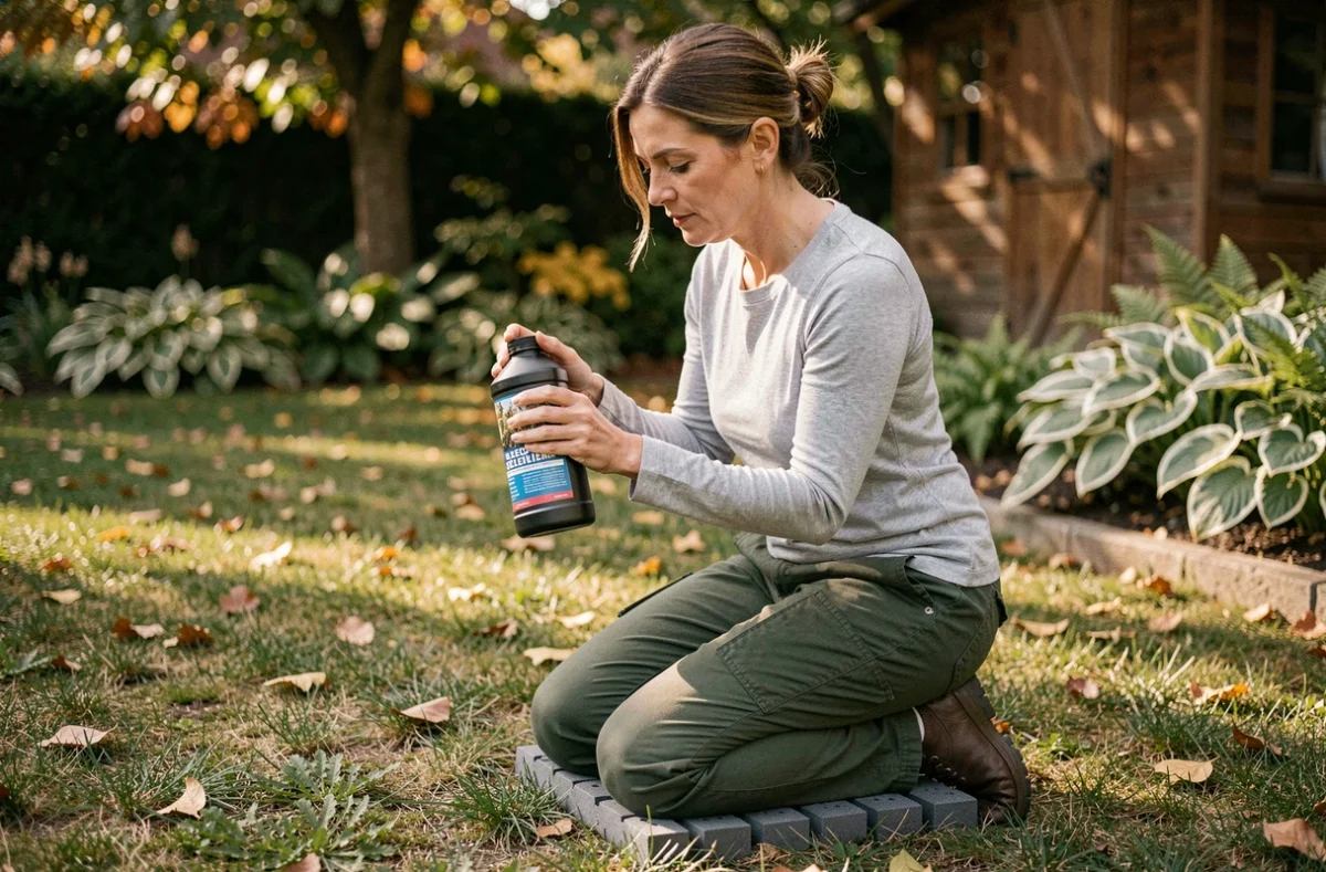 Femme jardinière lisant l'étiquette d'un produit de traitement sélectif gazon agenouillée dans une zone ombragée du jardin en automne