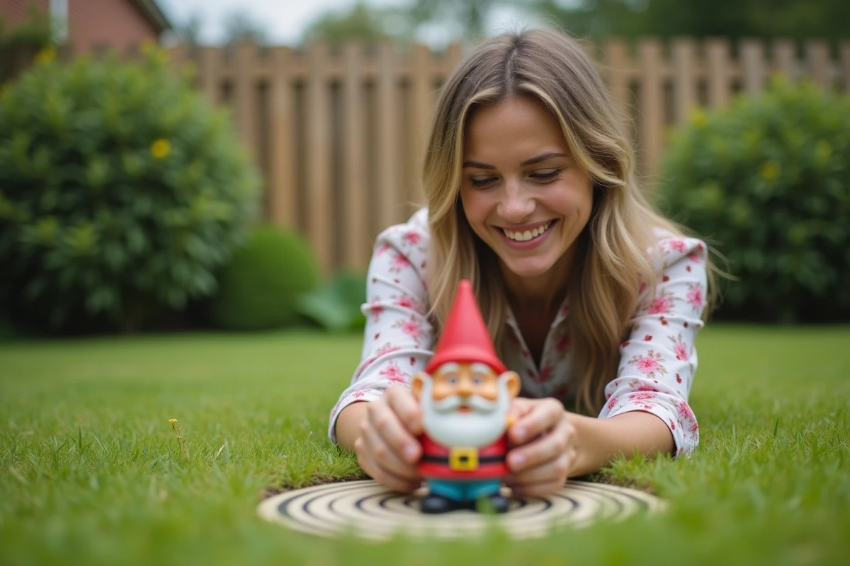Femme souriant en train de viser avec une figurine de nain de jardin lors d'un jeu d'anniversaire
