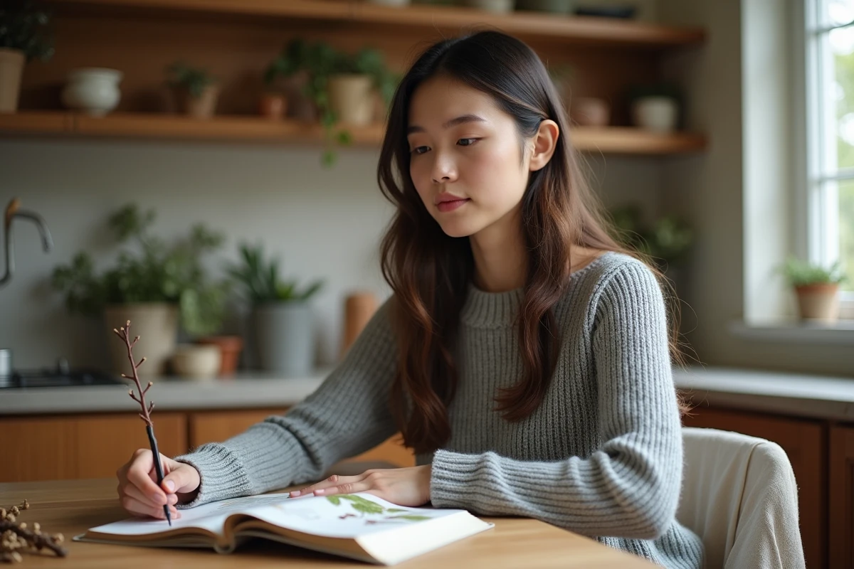 Jeune femme lit un guide botanique avec des galles de chêne à la maison
