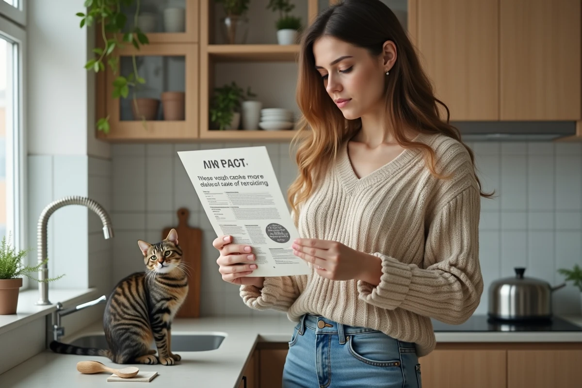 Femme avec leaflet fertilisant castor cake et chat dans la cuisine