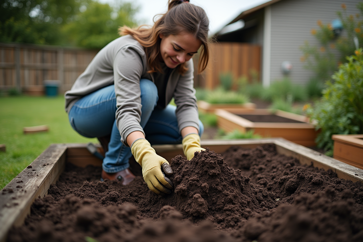 Jeune femme mélangeant compost dans le sol du jardin