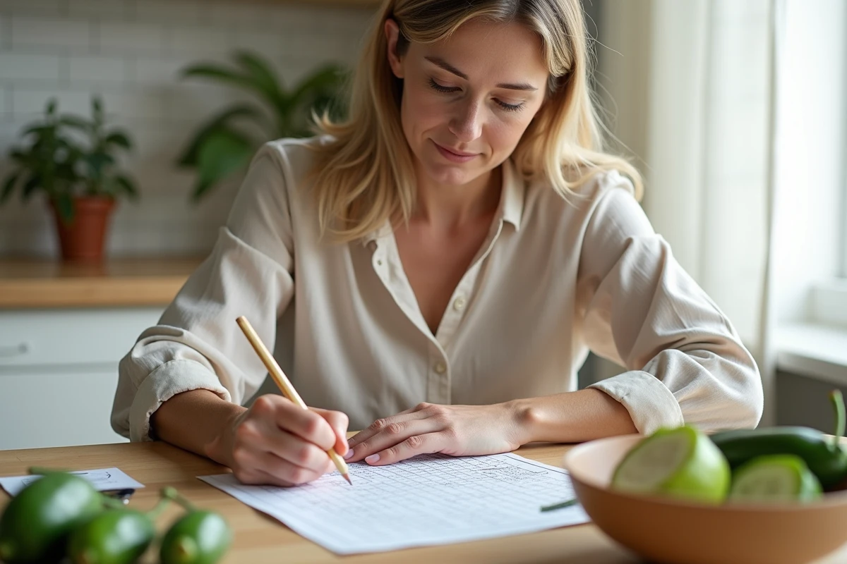 Femme concentrée remplissant des mots croisés avec une liste de fruits et légumes commençant par J posée sur la table
