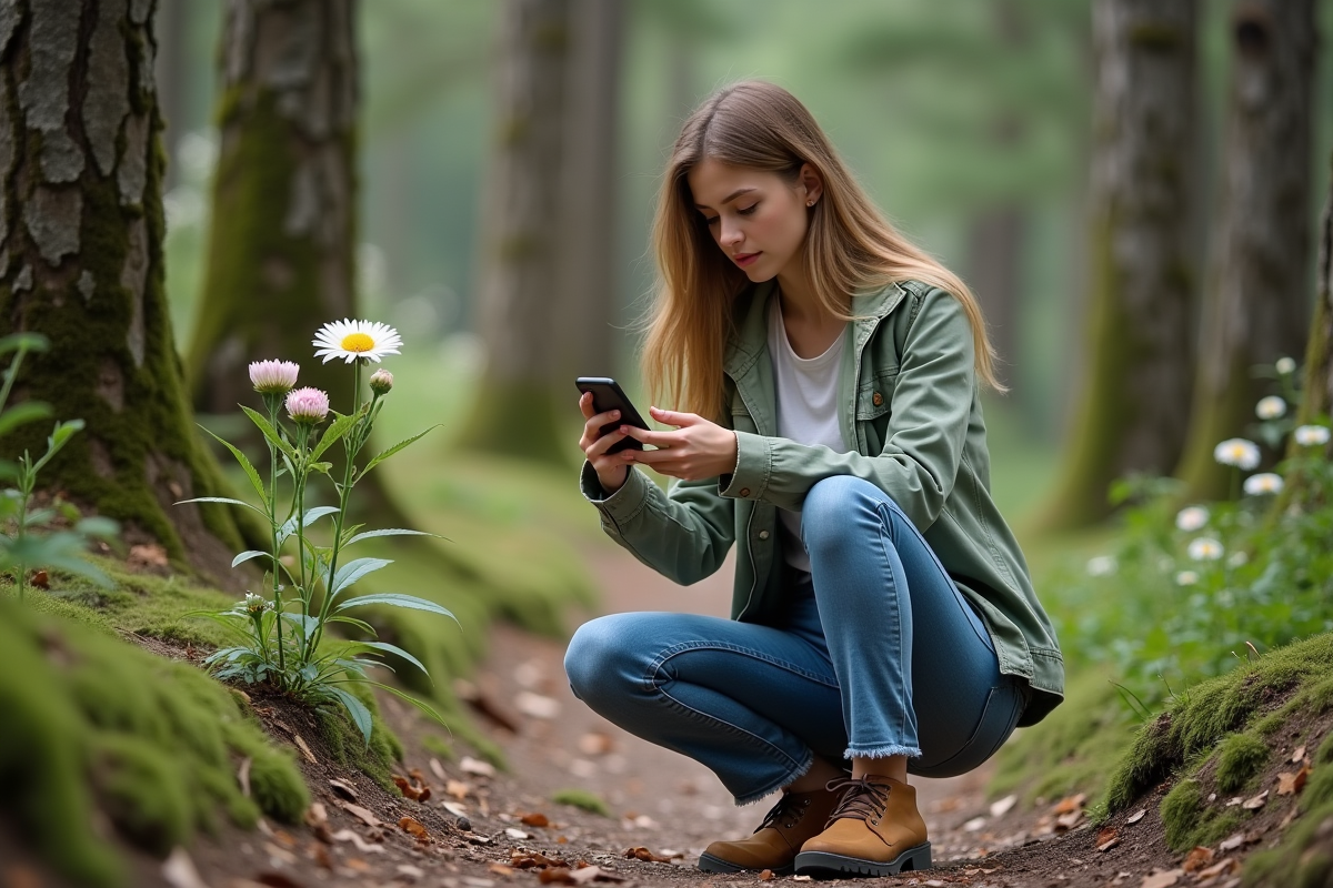 Jeune femme en forêt avec smartphone et fleur sauvage