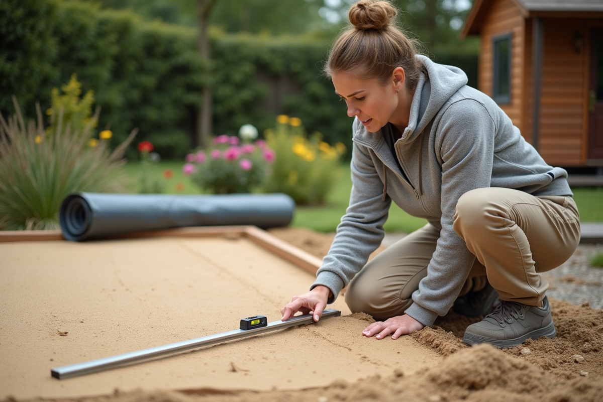 Femme vérifiant le niveau du sable avec un niveau à bulle