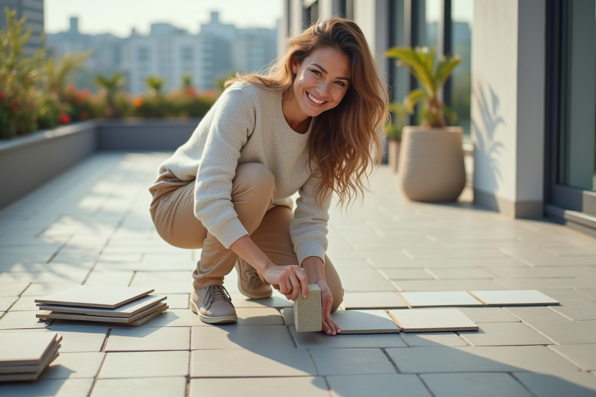 Femme posant une dalle sur un balcon urbain ensoleille