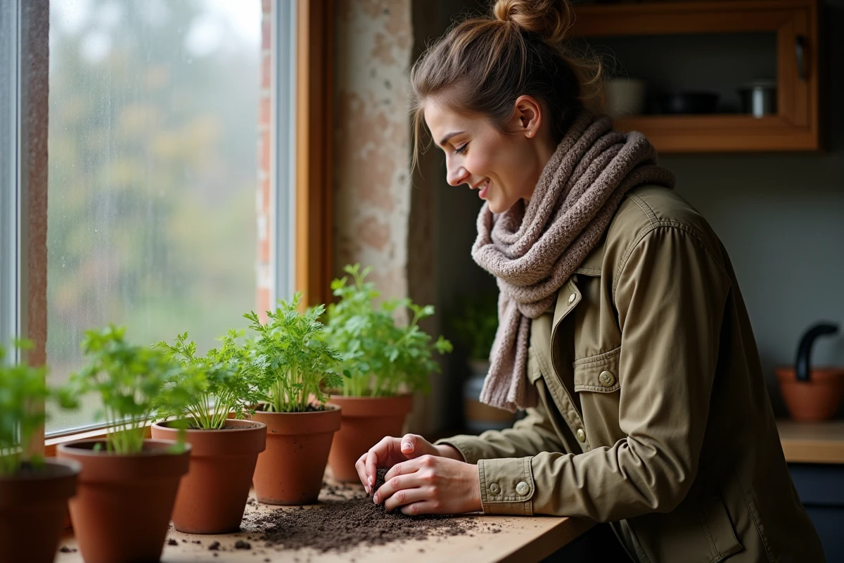 Jeune femme dans sa cuisine plantant du persil en pots