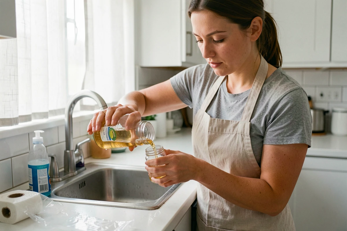 Femme préparant un piège à moucherons maison en versant du vinaigre de cidre dans un bocal en verre près d'un évier de cuisine