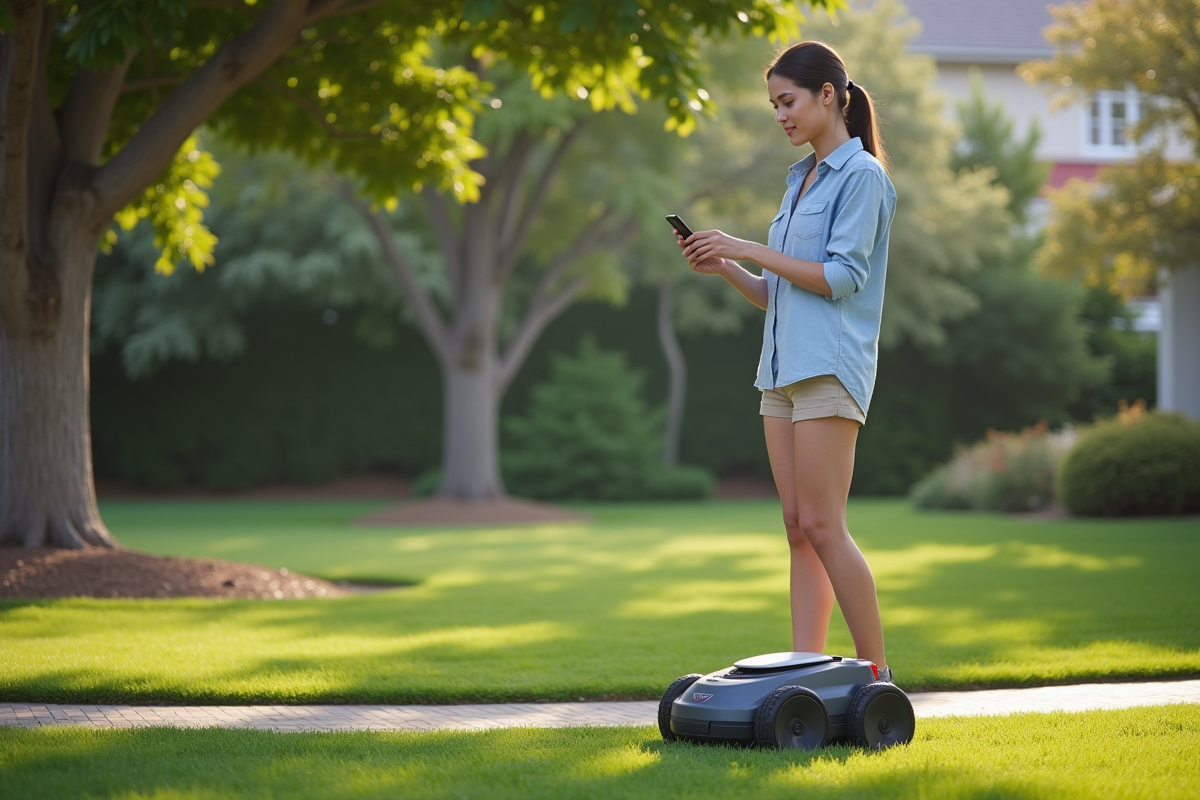 Jeune femme programme un robot tondeuse dans le jardin