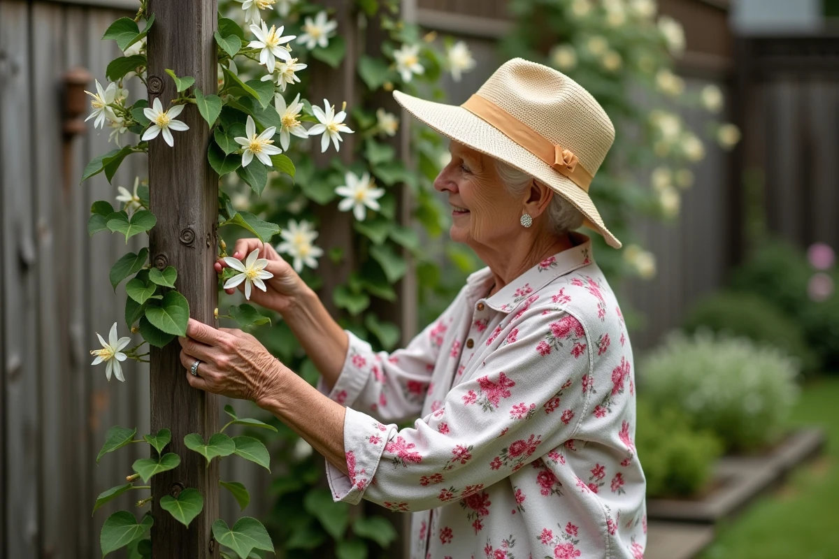 Femme âgée taillant délicatement le jasmin sur un arbor en bois