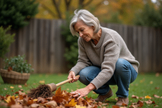 Femme d'âge moyen râtissant des feuilles d'automne dans le jardin