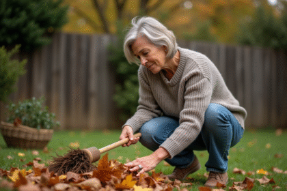 Femme d'âge moyen râtissant des feuilles d'automne dans le jardin