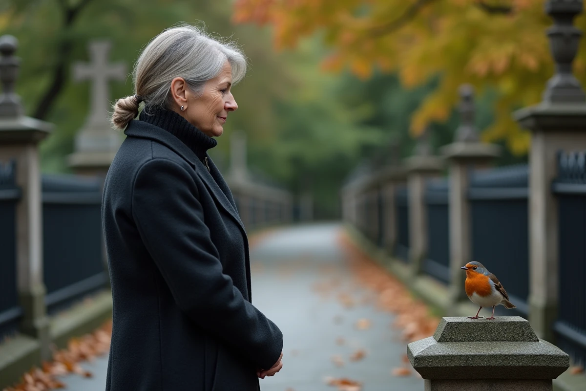 Femme regardant un oriol sur une tombe dans le cimetière