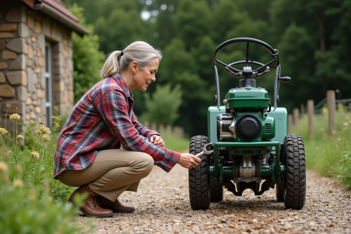 Femme utilisant une clé pour réparer un motoculteur dans un cadre rural