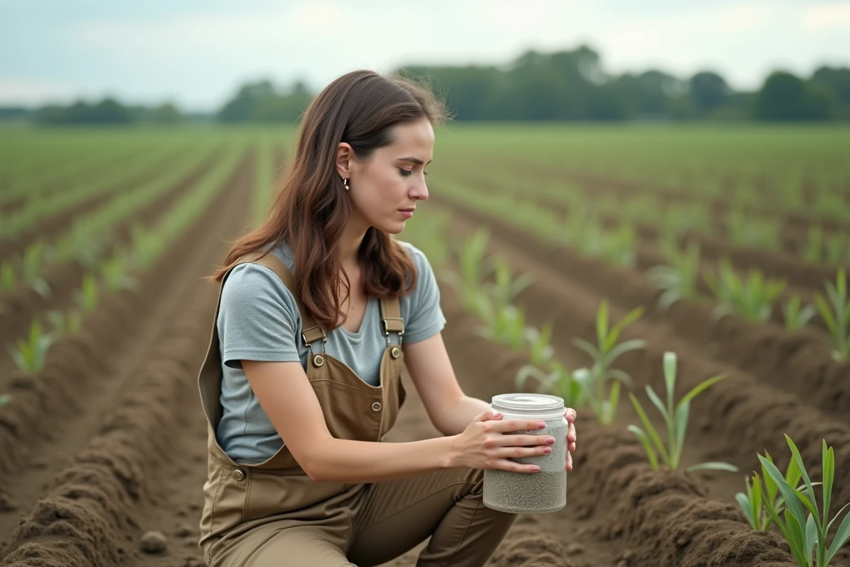 Jeune femme en salopettes plante des graines dans un champ rural