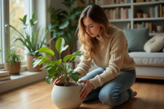 Femme inspectant un ficus dans un salon lumineux